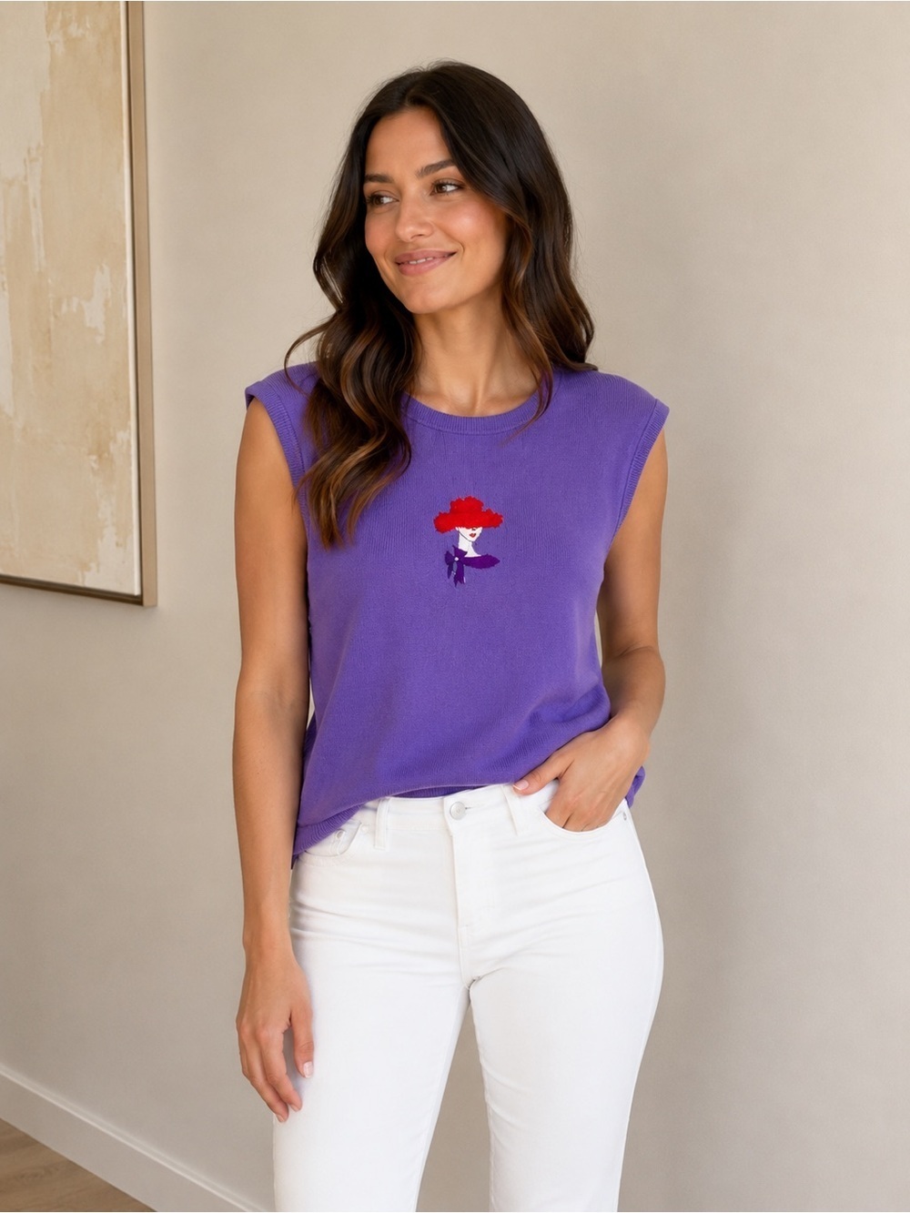 NWT Vintage Tia Designs Sleeveless Sweater Vest Tank Purple with Red Size Large